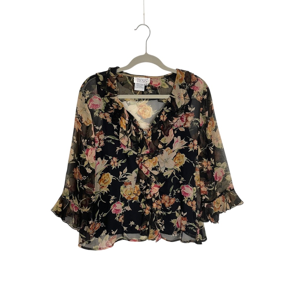 TESS Size 16 100% Silk Black Floral Ruffle Blouse Camisole Set Romantic Y2K